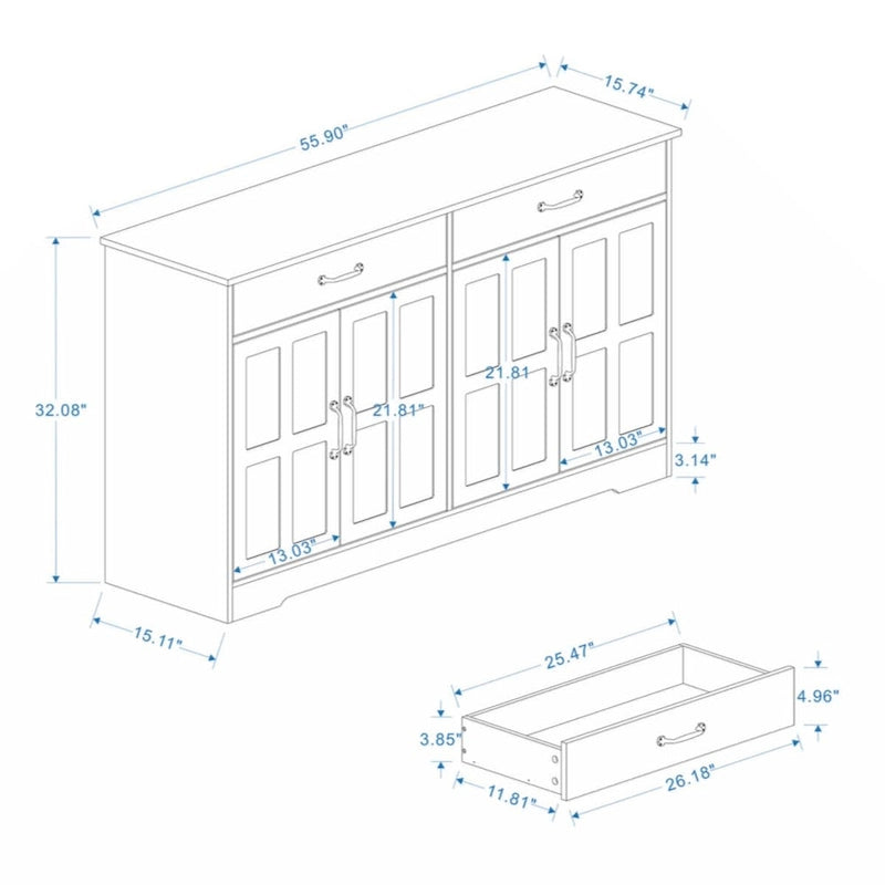 55,91 Grand buffet de ferme, meuble de rangement, avec 2 tiroirs et 4 portes pour salle à manger, salon, cuisine - Blanc