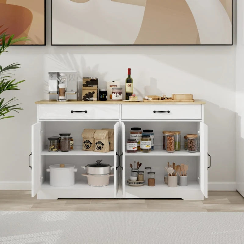 55,91 Grand buffet de ferme, meuble de rangement, avec 2 tiroirs et 4 portes pour salle à manger, salon, cuisine - Blanc