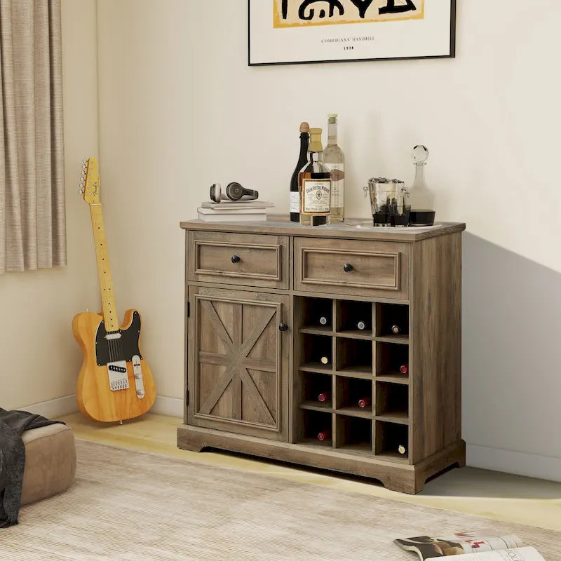 Buffet de bar avec portes de grange, tiroirs et étagères de rangement