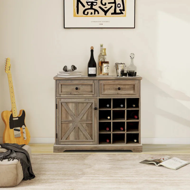 Buffet de bar avec portes de grange, tiroirs et étagères de rangement