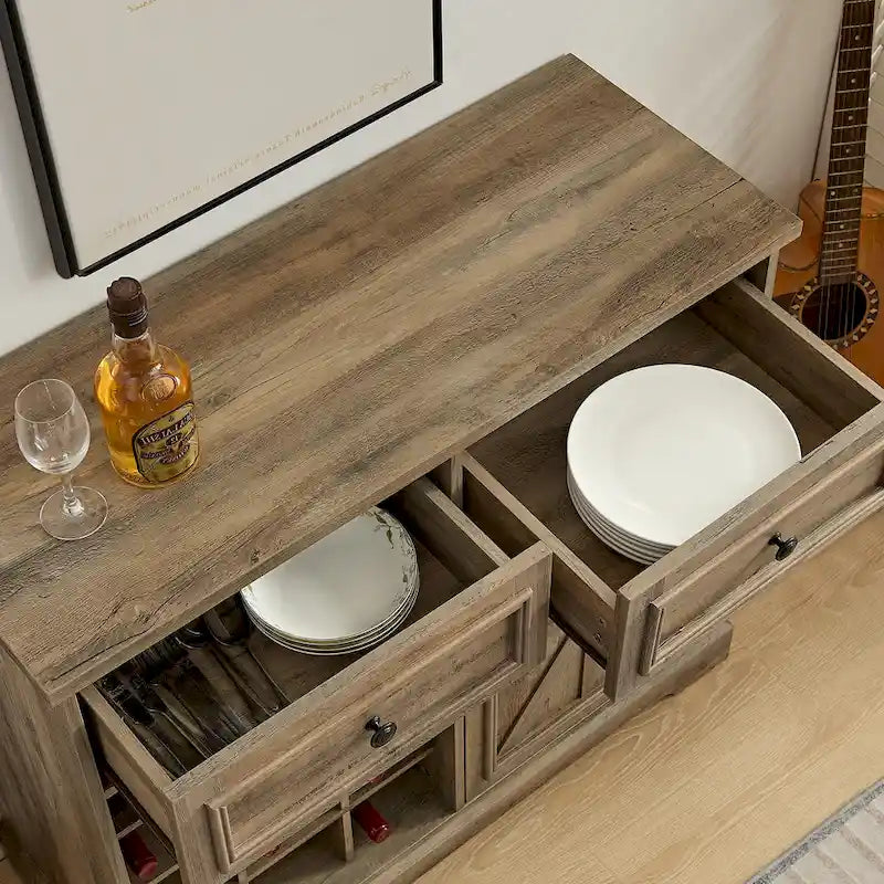 Buffet de bar avec portes de grange, tiroirs et étagères de rangement