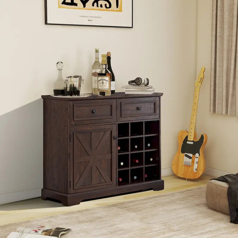 Buffet de bar avec portes de grange, tiroirs et étagères de rangement