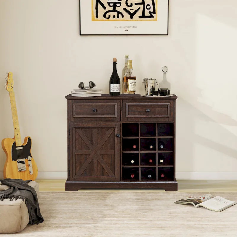 Buffet de bar avec portes de grange, tiroirs et étagères de rangement