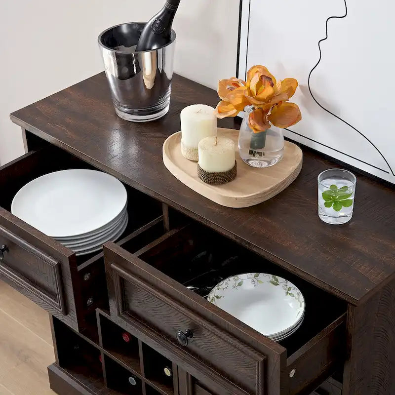 Buffet de bar avec portes de grange, tiroirs et étagères de rangement