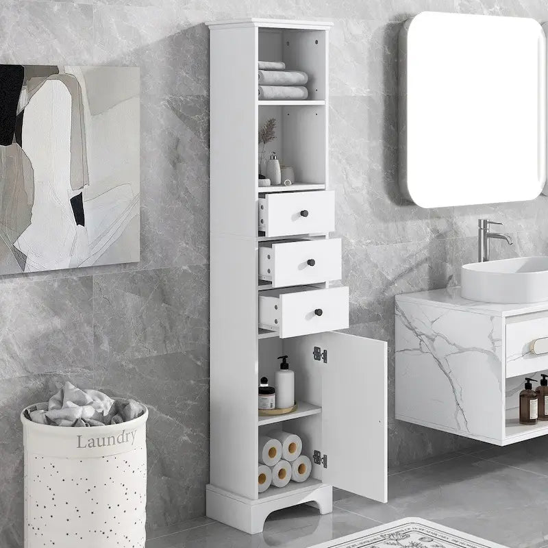 Meuble de salle de bain haut, armoire de rangement autoportante avec 3 tiroirs et étagère réglable