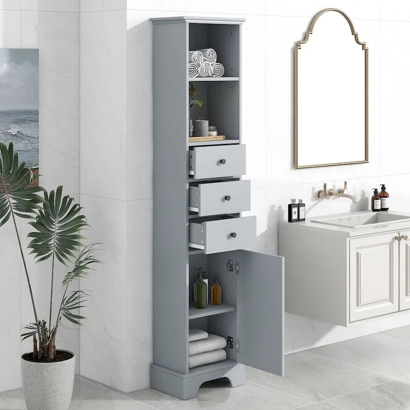 Meuble de salle de bain haut, armoire de rangement autoportante avec 3 tiroirs et étagère réglable