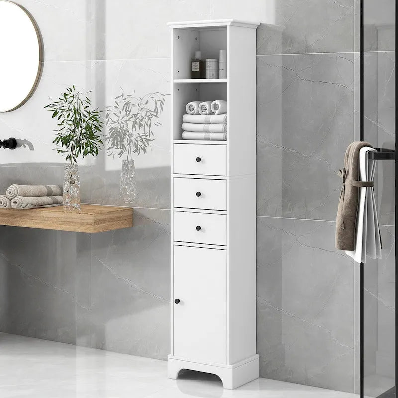 Meuble de salle de bain haut, armoire de rangement autoportante avec 3 tiroirs et étagère réglable