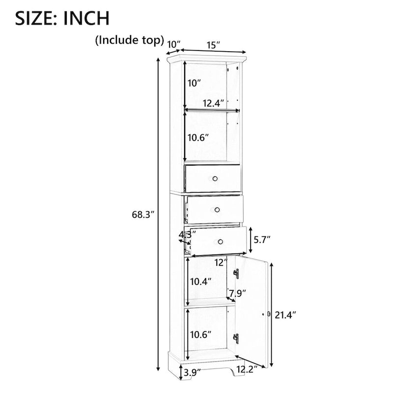 Meuble de salle de bain haut, armoire de rangement autoportante avec 3 tiroirs et étagère réglable