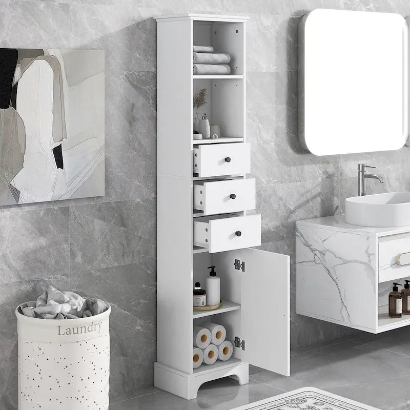 Meuble de salle de bain haut, armoire de rangement autoportante avec 3 tiroirs et étagère réglable