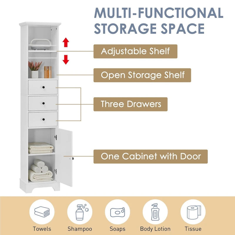 Meuble de salle de bain haut, armoire de rangement autoportante avec 3 tiroirs et étagère réglable