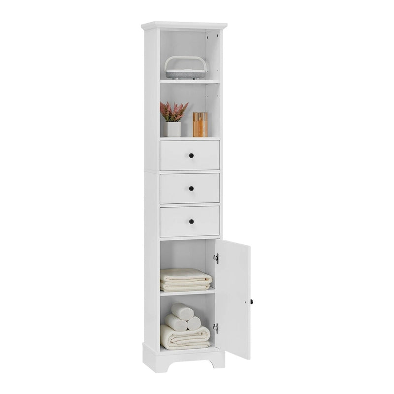 Meuble de salle de bain haut, armoire de rangement autoportante avec 3 tiroirs et étagère réglable