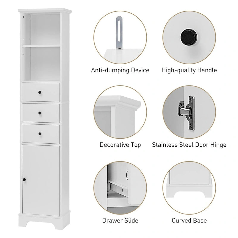 Meuble de salle de bain haut, armoire de rangement autoportante avec 3 tiroirs et étagère réglable