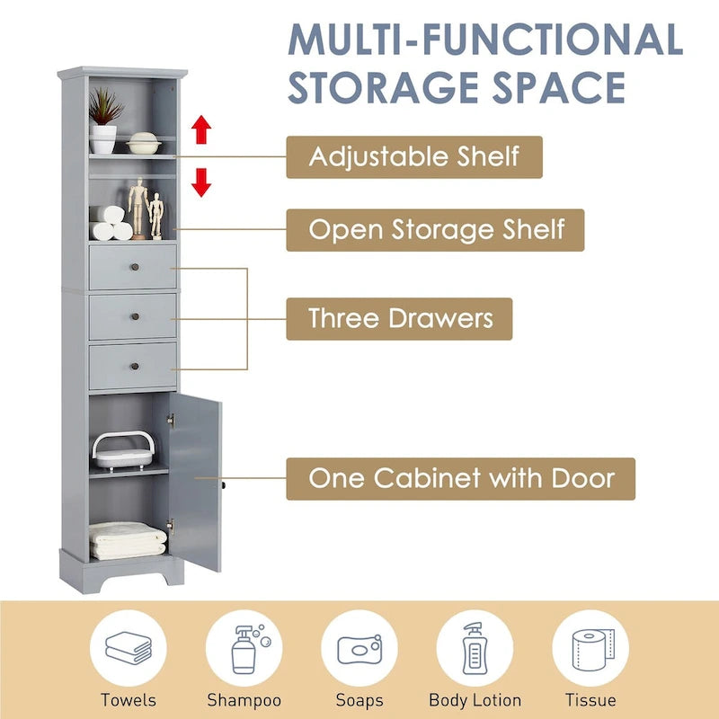 Meuble de salle de bain haut, armoire de rangement autoportante avec 3 tiroirs et étagère réglable