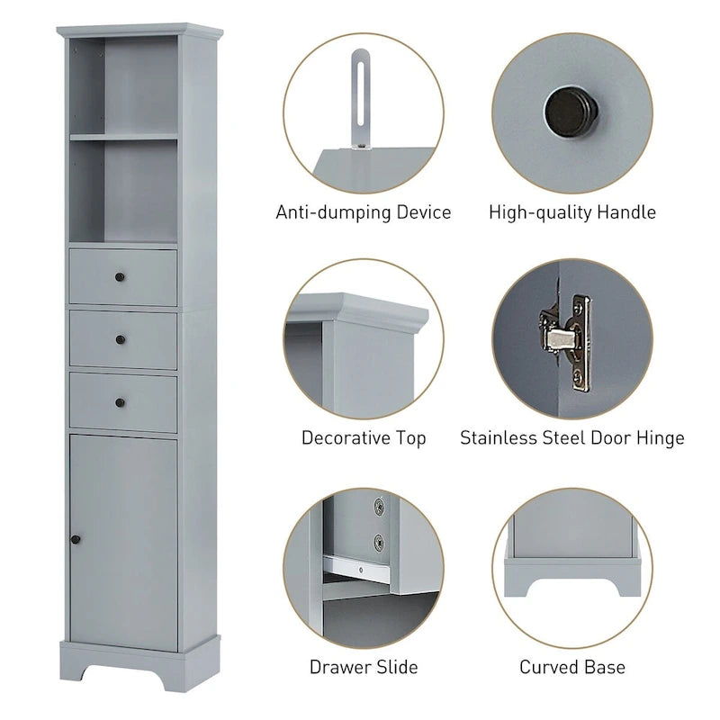 Meuble de salle de bain haut, armoire de rangement autoportante avec 3 tiroirs et étagère réglable