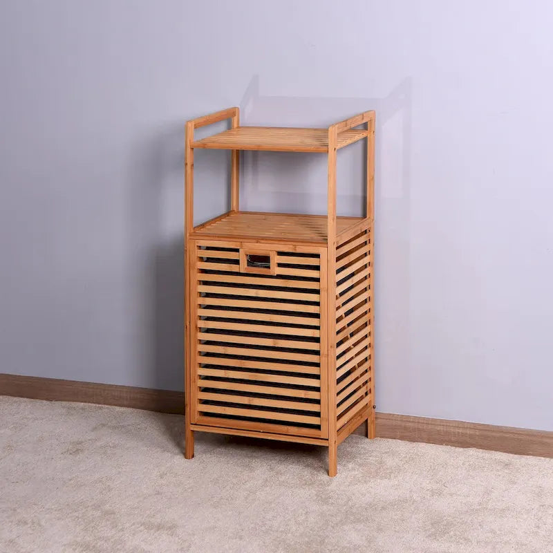Panier à linge de salle de bain en bambou avec étagère à 2 niveaux 43,99 x 33,02 x 96,01 cm