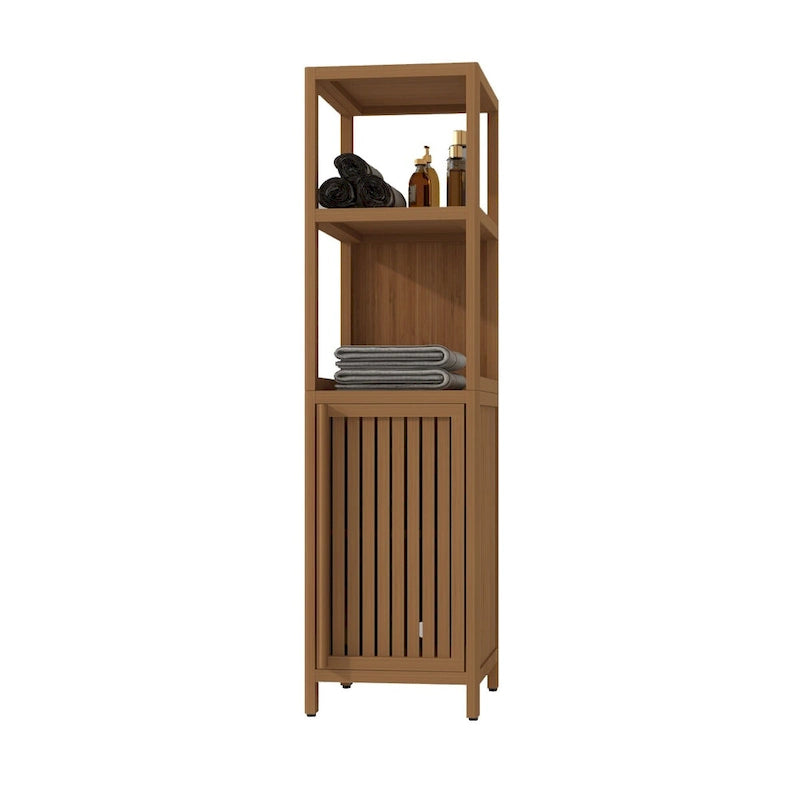 Meuble de rangement de salle de bain étroit de 15 po, armoire à linge en bambou avec 1 porte et étagères ouvertes - Naturel