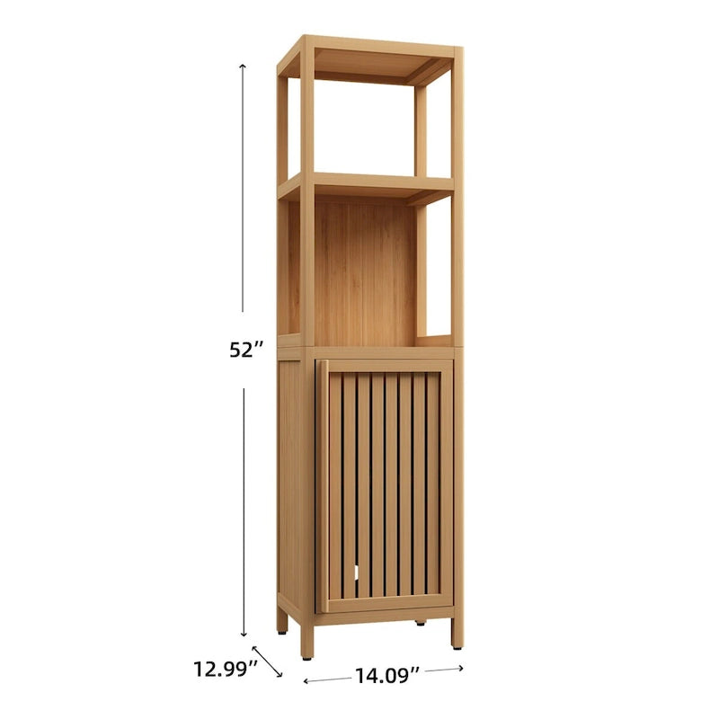 Meuble de rangement de salle de bain étroit de 15 po, armoire à linge en bambou avec 1 porte et étagères ouvertes - Naturel