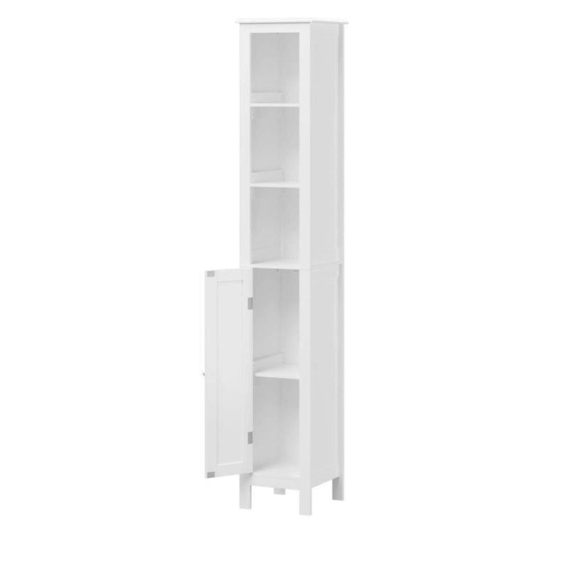 Meuble de rangement haut de salle de bain de 170 cm avec étagères réglables, 1 porte, meuble sur pied avec dispositif anti-basculement, compartiments ouverts, en blanc