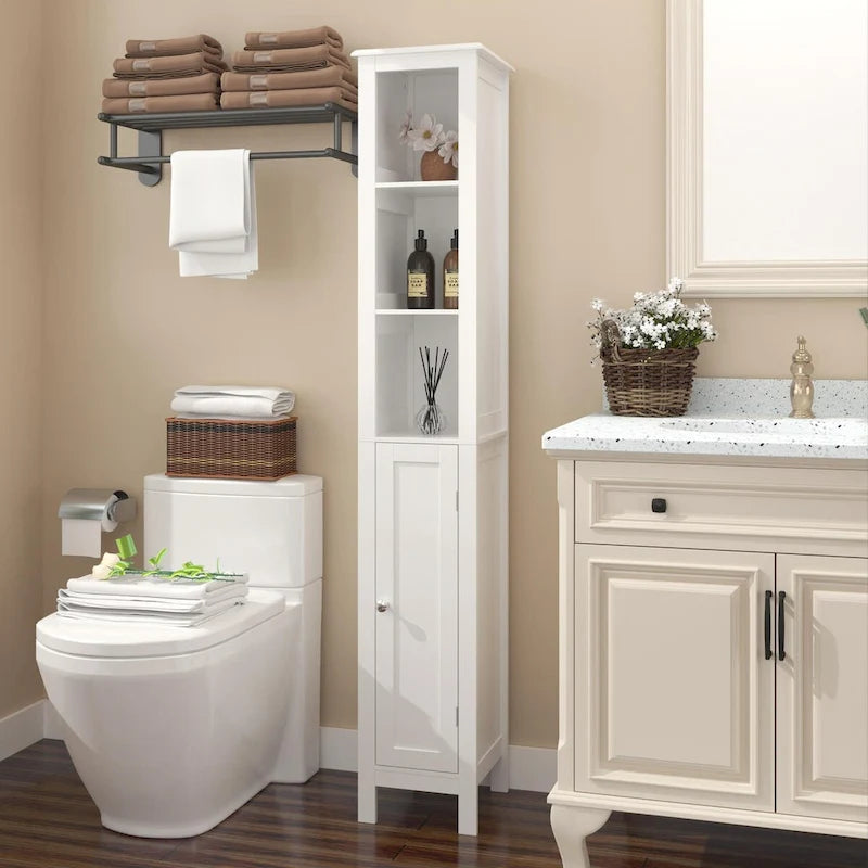 Meuble de rangement haut de salle de bain de 170 cm avec étagères réglables, 1 porte, meuble sur pied avec dispositif anti-basculement, compartiments ouverts, en blanc