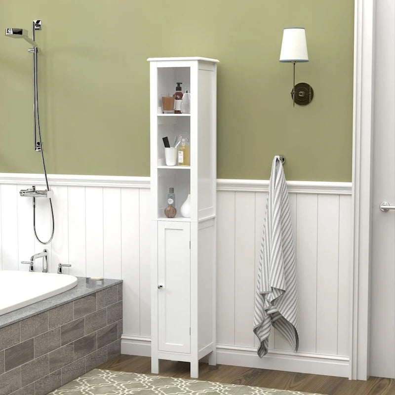 Meuble de rangement haut de salle de bain de 170 cm avec étagères réglables, 1 porte, meuble sur pied avec dispositif anti-basculement, compartiments ouverts, en blanc