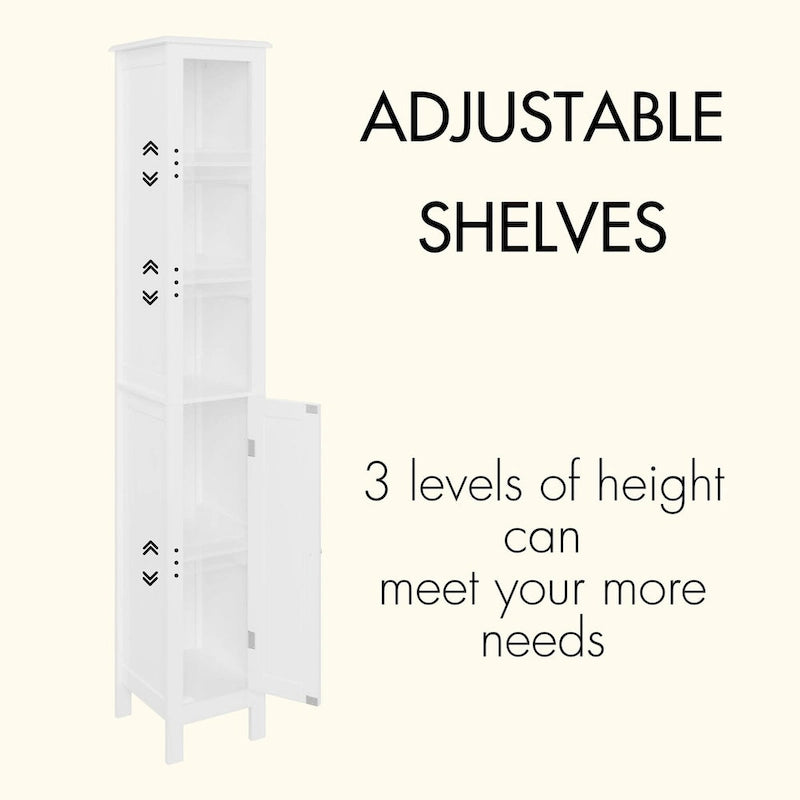 Meuble de rangement haut de salle de bain de 170 cm avec étagères réglables, 1 porte, meuble sur pied avec dispositif anti-basculement, compartiments ouverts, en blanc