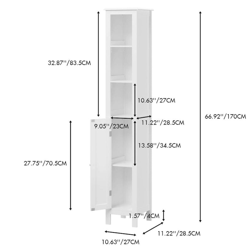 Meuble de rangement haut de salle de bain de 170 cm avec étagères réglables, 1 porte, meuble sur pied avec dispositif anti-basculement, compartiments ouverts, en blanc