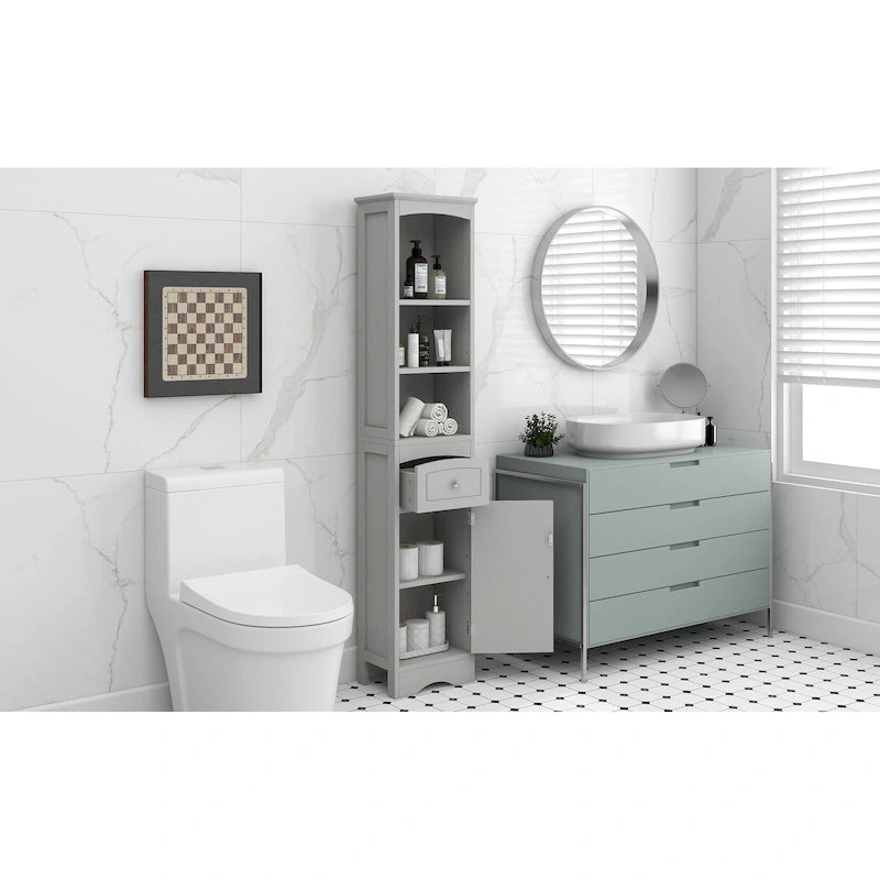 Meuble de salle de bain haut, meuble de rangement autonome avec tiroir, panneau MDF, étagère réglable