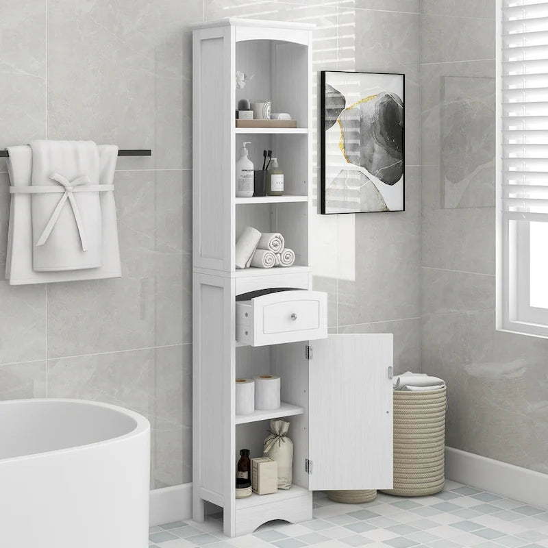 Meuble de salle de bain haut, meuble de rangement autonome avec tiroir, panneau MDF, étagère réglable