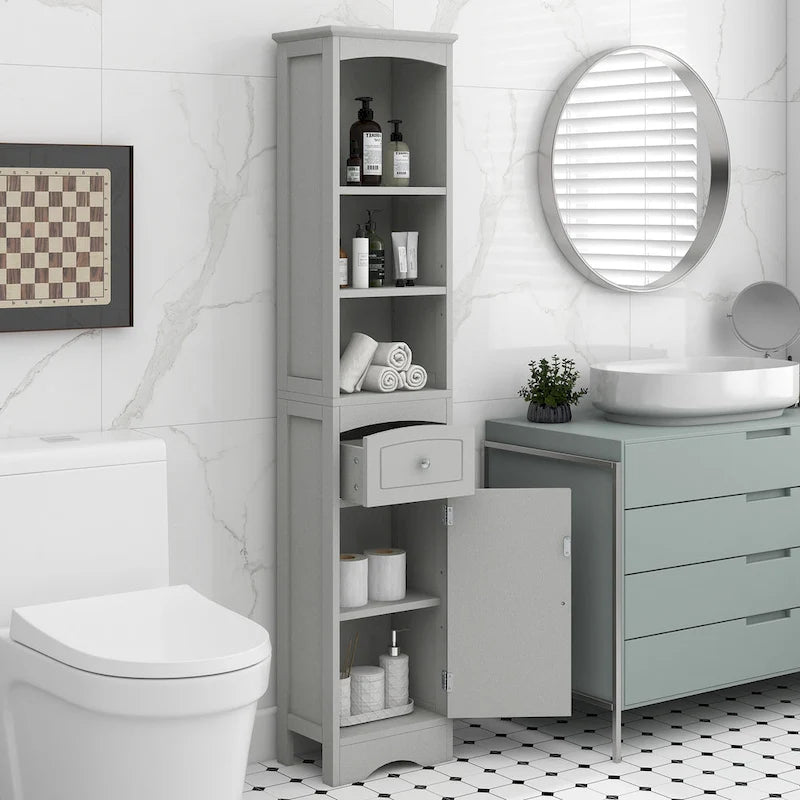 Meuble de salle de bain haut, meuble de rangement autonome avec tiroir, panneau MDF, étagère réglable
