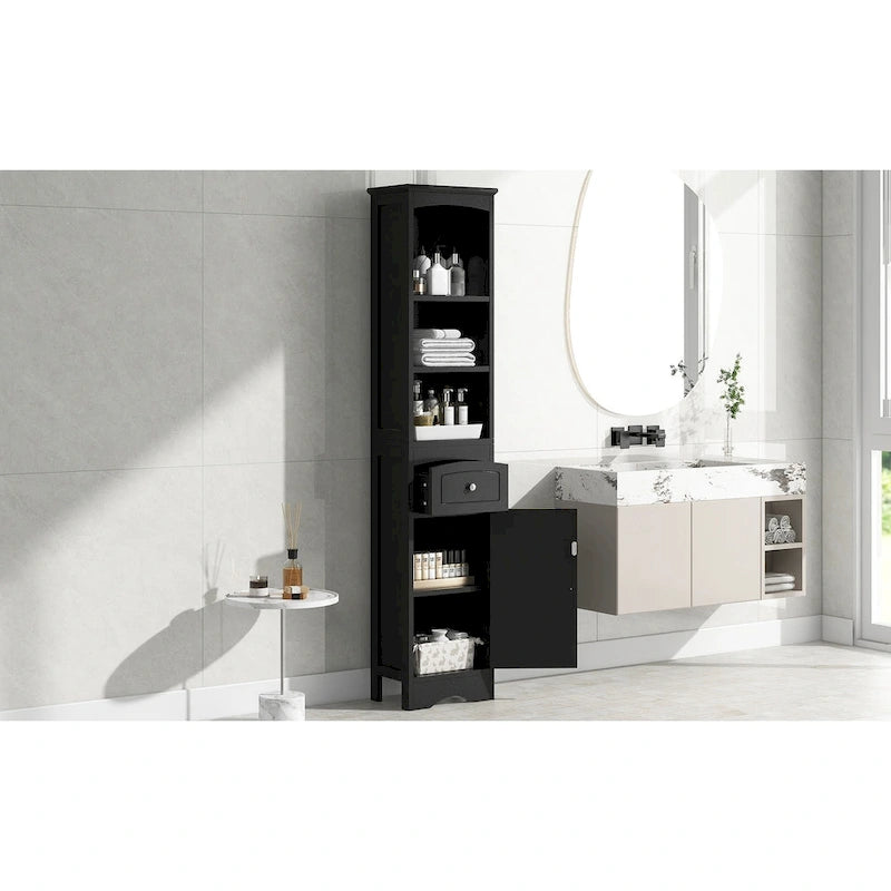 Meuble de salle de bain haut, meuble de rangement autonome avec tiroir, panneau MDF, étagère réglable