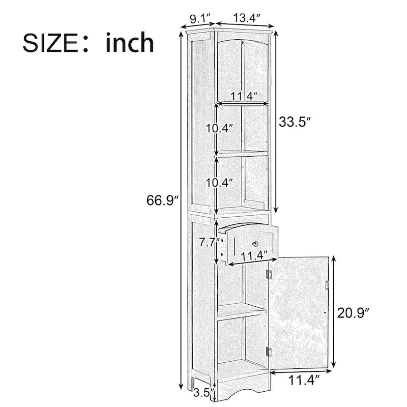 Meuble de salle de bain haut, meuble de rangement autonome avec tiroir, panneau MDF, étagère réglable