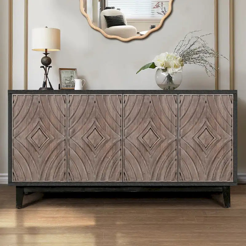 Buffet Vaisselier avec Pieds en Bois Massif 60 Cabinet avec 4 Portes Diamant à Motif Convexe et 2 Étagères