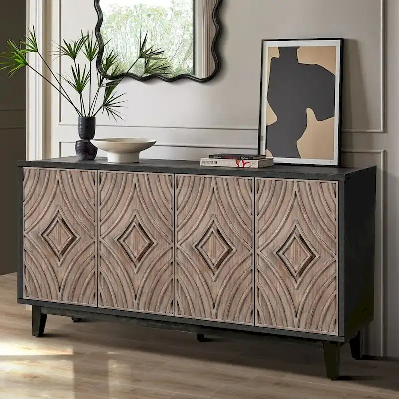 Buffet Vaisselier avec Pieds en Bois Massif 60 Cabinet avec 4 Portes Diamant à Motif Convexe et 2 Étagères