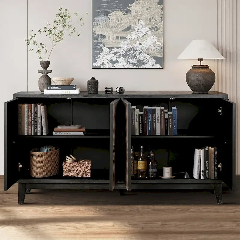 Buffet Vaisselier avec Pieds en Bois Massif 60 Cabinet avec 4 Portes Diamant à Motif Convexe et 2 Étagères