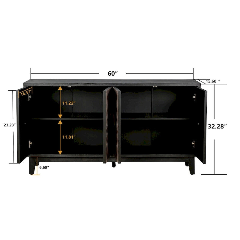 Buffet Vaisselier avec Pieds en Bois Massif 60 Cabinet avec 4 Portes Diamant à Motif Convexe et 2 Étagères