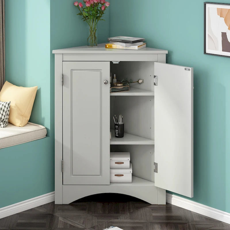 Meuble de rangement d'angle pour salle de bain avec étagères réglables