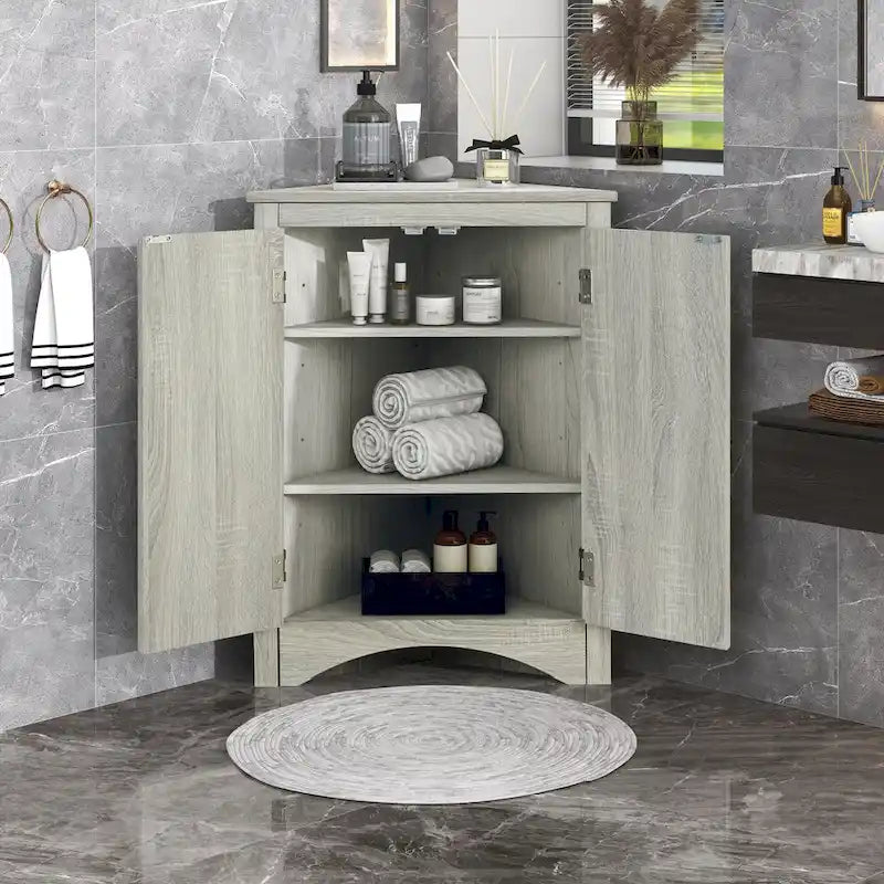 Meuble de rangement d'angle pour salle de bain avec étagères réglables