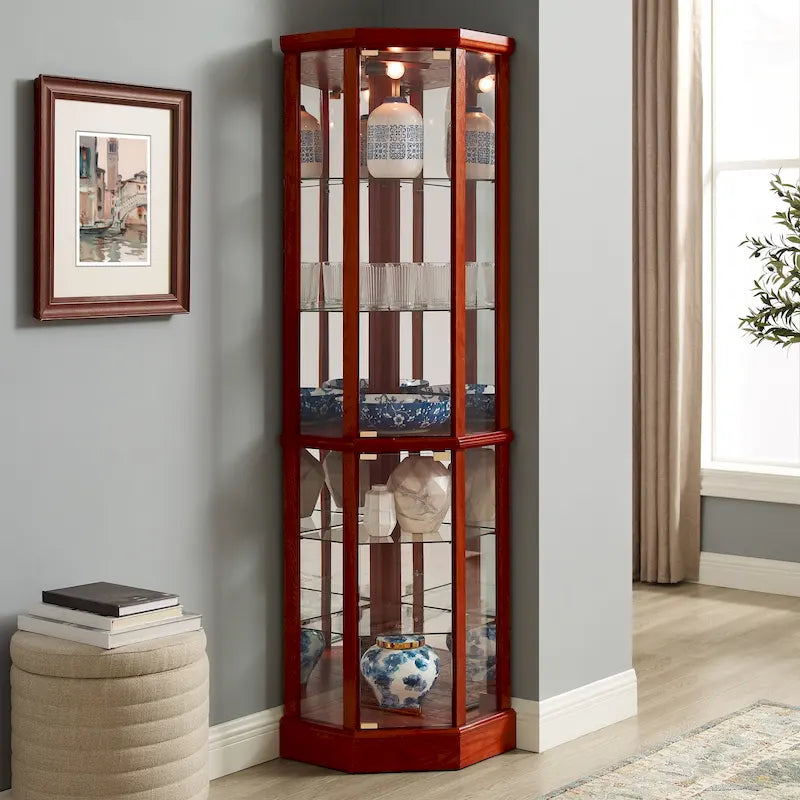 Vitrine d'angle éclairée à 6 étagères (ampoule E26 non incluse)