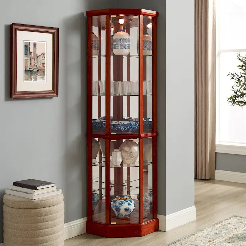 Vitrine d'angle éclairée à 6 étagères (ampoule E26 non incluse)