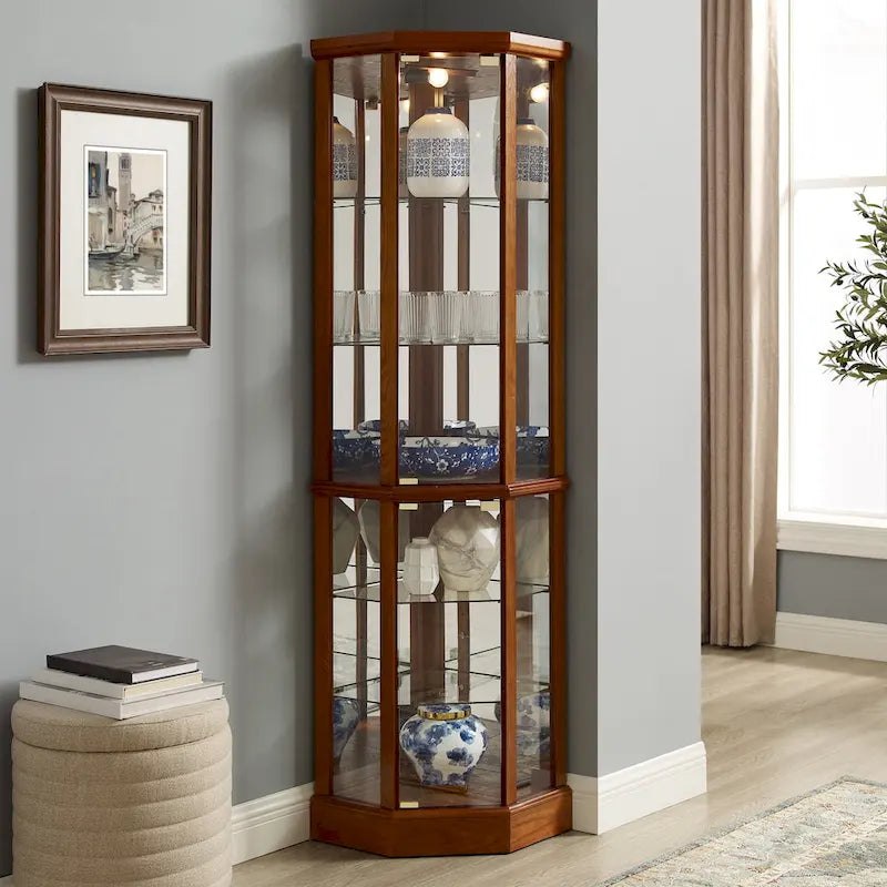 Vitrine d'angle éclairée à 6 étagères (ampoule E26 non incluse)