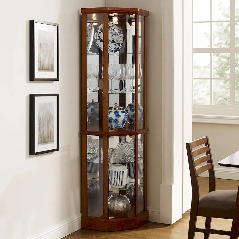 Vitrine d'angle éclairée à 6 étagères (ampoule E26 non incluse)