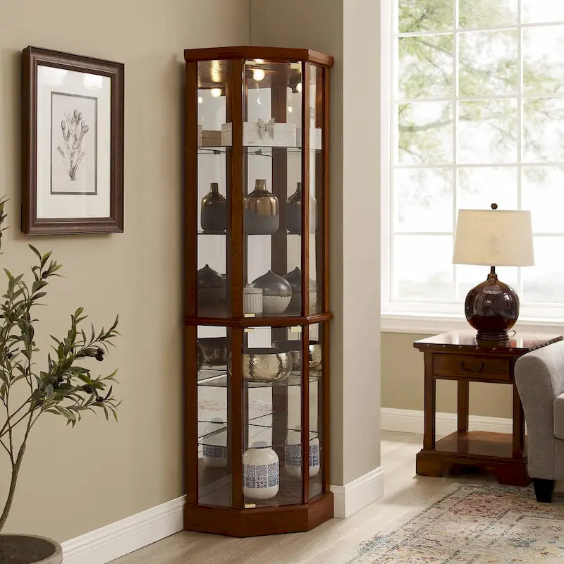 Vitrine d'angle éclairée à 6 étagères (ampoule E26 non incluse)