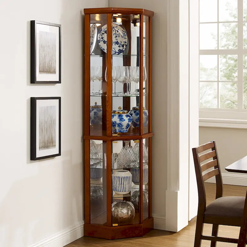 Vitrine d'angle éclairée à 6 étagères (ampoule E26 non incluse)