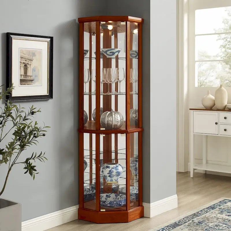 Vitrine d'angle éclairée à 6 étagères (ampoule E26 non incluse)