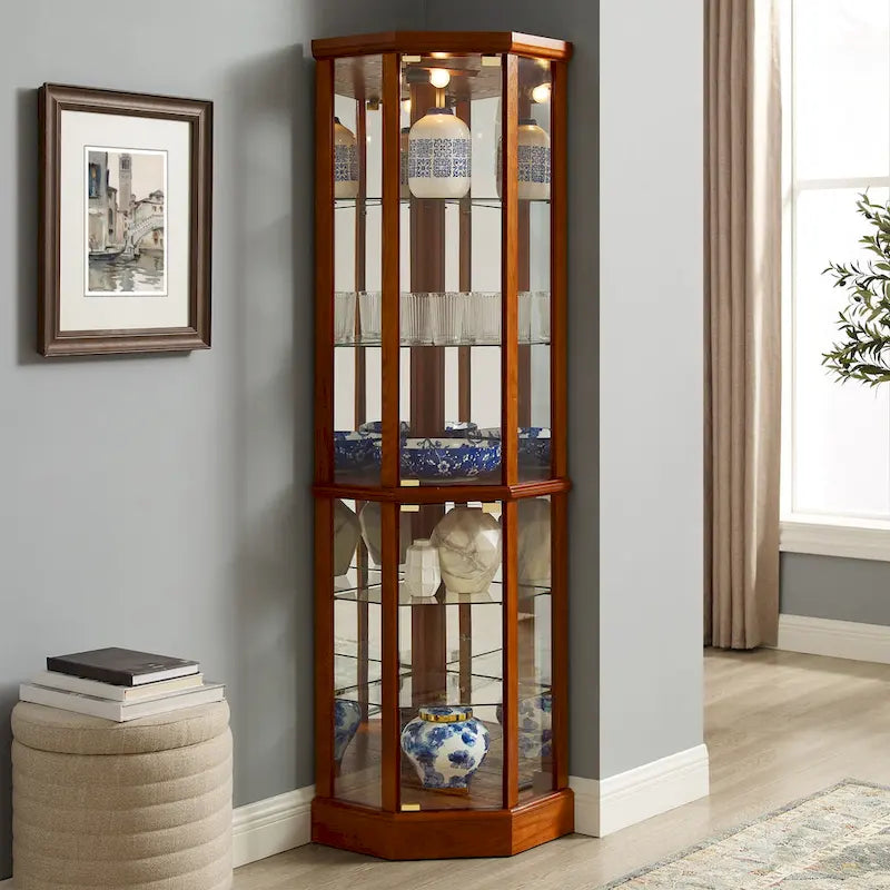 Vitrine d'angle éclairée à 6 étagères (ampoule E26 non incluse)